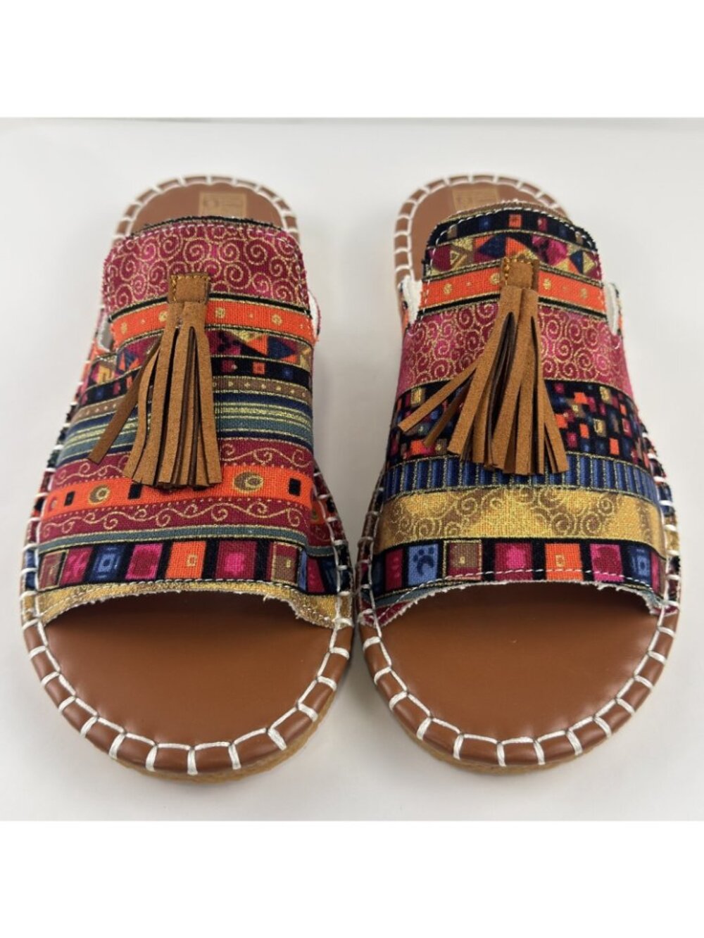 Boho Slide Sandals Womens 9.5 EU 41 Tassel Open Toe Multicolor Tribal Summer NEW - Picture 3 of 12